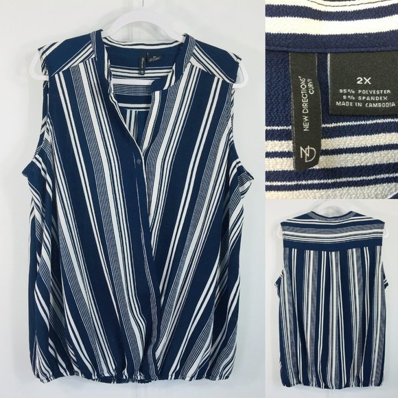 new directions Tops - New Directions 2X Top Blue White Striped Stretch